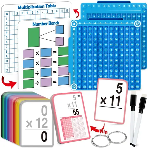 Multiplication Flash Cards + Math Board, Math Manipulatives Math Flash Cards, Math Games Time Table Chart Flashcards, Learning Materials, Math Learning Tools