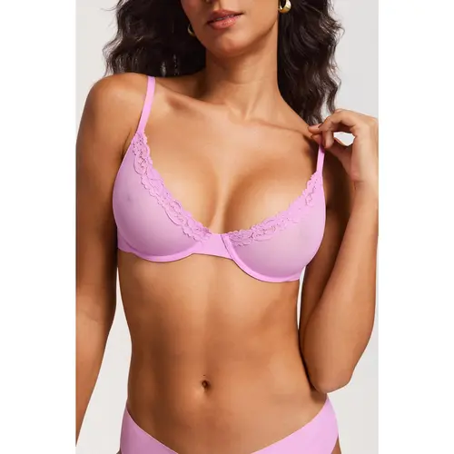 Women's Sheer Mesh Underwire Demi Bra Unlined Balconette Bra Sexy Lace Trim Plunge V-neck