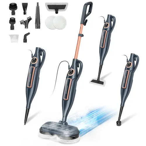 [BackToSchool] DEVOAC 10-in-1 Rotating Disc Electric Steam Mop, Lightweight Cleaner with Curved Brush, Cable, Spin Wringer & 3 Vapor Levels, Ideal for Adults' Wood, Laminate & Marble Floor Mopping, Steam Cleaner, Multifunctional