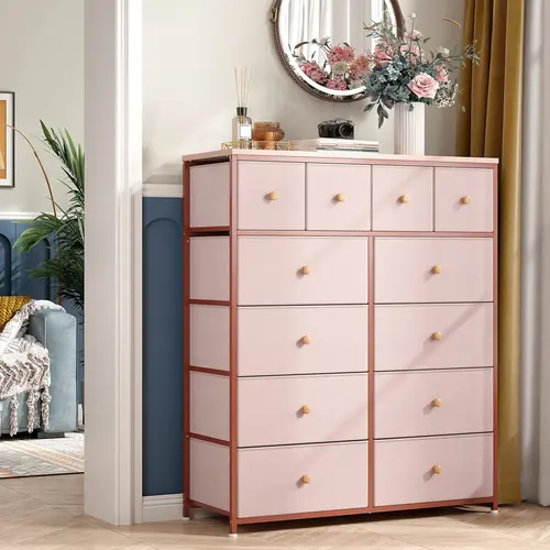 Raybee 12-Drawer Fabric Storage Cabinet - Furniture, Wooden Top, Metal Frame, 4 Medium Drawers, 12 lbs Load Capacity, Large Clothing Chest, Modern Neutral Indoor Cupboard for Bedroom, Closet, Fabric Storage Cabinets,dorm essentials,home decor