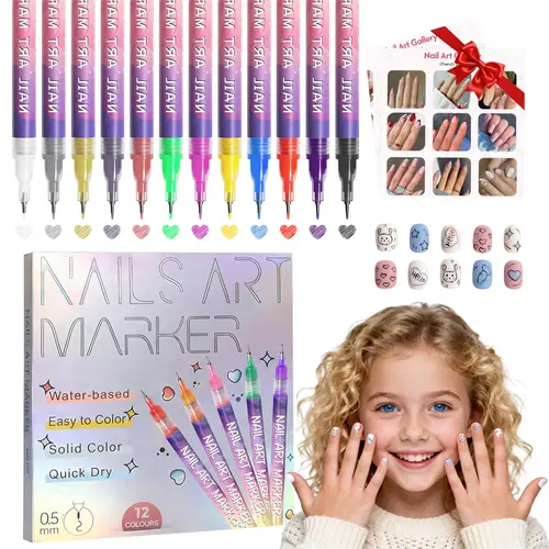 12-Color Water-Based Cosmetic Nail Polish Pens Set - 0.5mm Fine Tip DIY Home Manicure Tools, French Decor Supplies, Waterproof Quick-Dry Safe Odor-Free Lightweight, Ideal Gift for Girls (Salon-Ready)