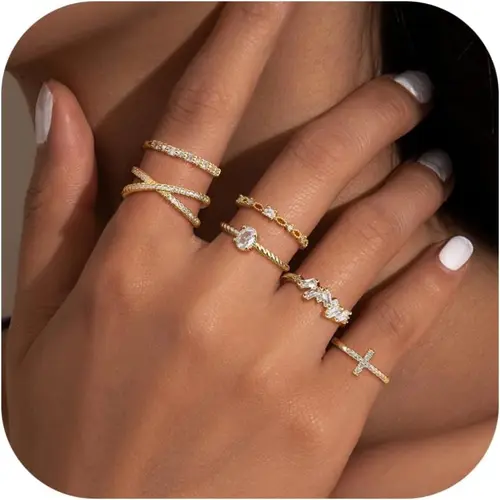 Women's Gold, Gold Plated Stackable Cubic Zirconia Ring Set, Thumb Rings for Women, Wedding Gold Stacking Rings, Fashion Engagement Rings, Ladies Promise Ring, Ring Stacks