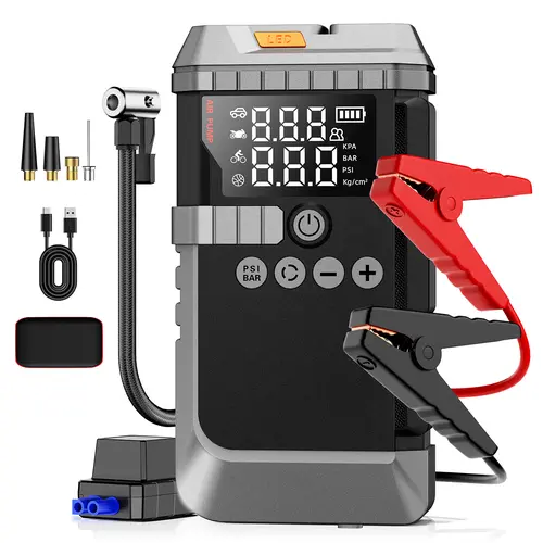 Soulor 8000mAh 4-in-1 Portable Car Jump Starter Battery Booster Tire Inflator Power Bank with LED Emergency Light, 160 PSI Air Compressor, LCD Screen and Overcurrent Protection for Road Trip