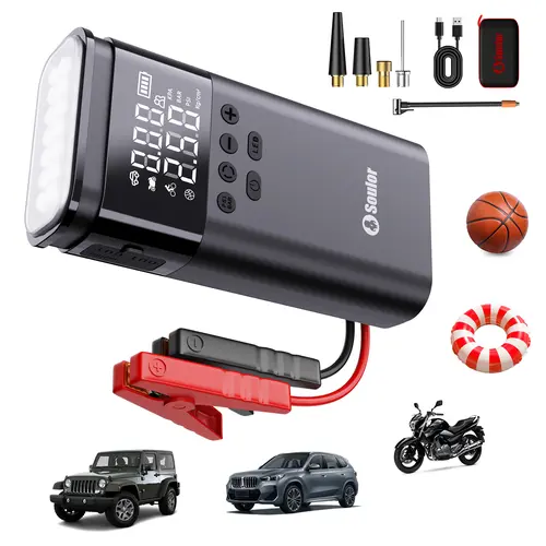 Soulor CYD22 5-in-1   with 150PSI Air Compressor, 10000mAh Portable Power Bank, LED Flashlight & SOS for Car/SUV/Truck Emergency ultra-safe