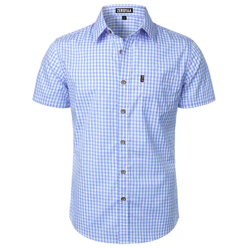 ZEROYAA Men's Casual Plaid Button Down Shirt Cotton Short Sleeve Gingham Dress Shirts Regular Fit with Pocket Strap Christmas,back to school,back to school shopping