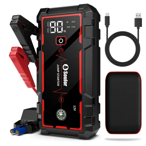 Soulor 8000mAh Portable Car Jump Starter, 12V Battery Booster Pack with Smart Jumper Clamps, EVA Carrying Case, USB Power Bank for Phones & Tablets, LED Emergency Light, LCD Display, for Cars, SUVs, Trucks & Motorcycles