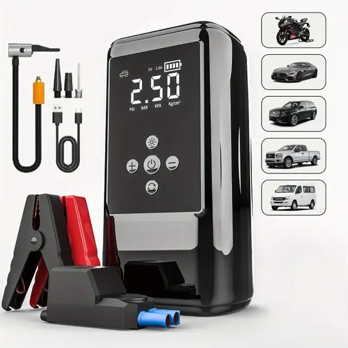 Portable 8000mAh Car Jump Starter with Air Compressor, Fast USB Charging, LED Emergency Light and Multiple Safety Protections, Includes Jumper Cables Car Tool Kit for All 12V Vehicles