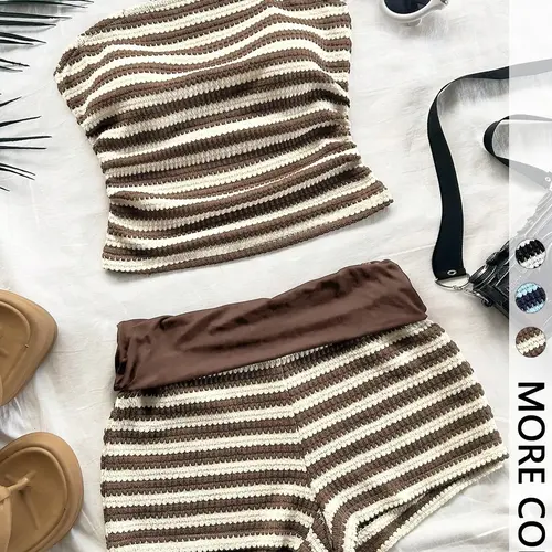 Cute striped 2-piece set ， Smocked cropped Sleeveless tube top + shorts — perfect for summer outings Outfits Women