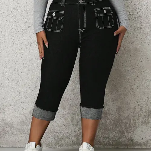 Women's Plus Size High Stretch Fitted Jeans, Slim-Fitting Design, Casual Chic Basic Minimalist Fashion Women's Pockets Denim Pants for All Seasons, Womenswear, Trouser, Denim Woven Jeans