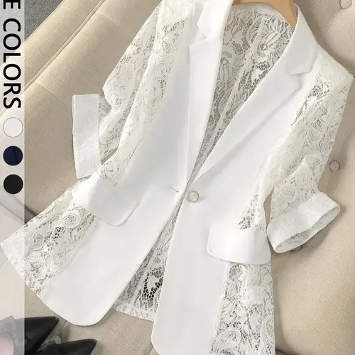 Women's Elegant Sheer Lace Panel Blazer, Chic Long-Sleeve White Jacket for Office, Business Attire Clothes, Going Out & Interviews, Quiet Luxury Outerwear