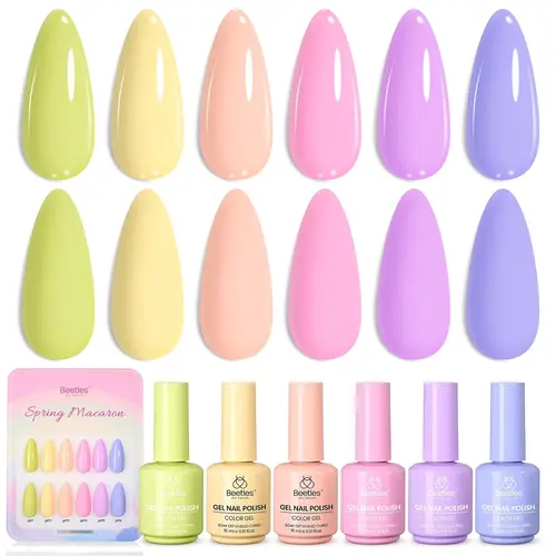 Beetles Spring Gel Polish Set - 6x15ML Spring Colors with Color Swatch, Soak-Off UV LED Nail Art Kit for French, Nude, Flower Nails, DIY & Manicure at Home Gift for Women