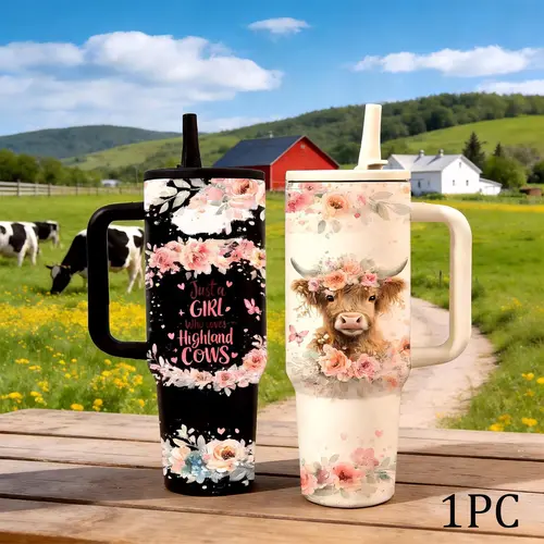 40oz Highland Cow Straw Tumbler, Insulated Tumblers, Girl Who Loves Cows Design, Floral Cow Cup, Farm Girl Country Style, Vacuum Insulated Stainless Steel Thermal Tumbler with Handle, Hot Cold Drinks All Day