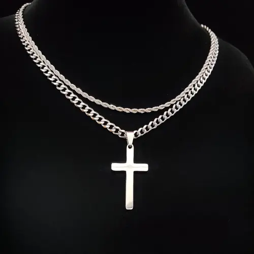 Cross Pendant & Cuban Chain Necklace Set for Men & Women, Decorative Necklace, Stainless Steel Jewelry for Party, Daily Clothing Decor, Trendy All-match & Exquisite Jewelry for Birthday Gift