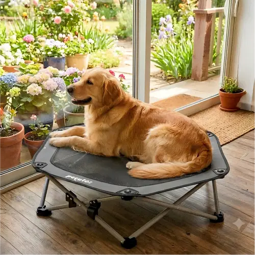 Pecute Elevated Dog Bed with Blanket - 16mm Foldable Portable Steel Frame, Detachable Hose-Cleanable Mesh, Plain Design, Anti-Slip Feet, 60kg Capacity, 3s Fold-Back, Storage Bag, Away from Pests, for Small Dogs Poodle, Patio Camping Use