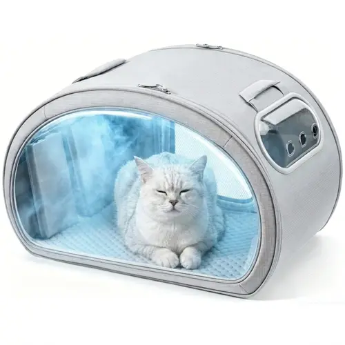 Pecute Foldable Cat House & Carrier, Modern Cooling House with Fiberglass Rods, Full-View Bubble Window, 6 Ice Packs, Aluminum Insulation, Sturdy Frame, Detachable Blanket, Folds Flat for Vet Visits & Travel
