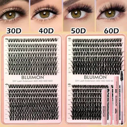 640-Pcs Lash Clusters Kit for Adults, 8-16mm D-Curl Fluffy Wispy Individual False Eyelashes with Thin Band, Bond, Seal, Tweezers, Brush & Pouch - 30D+40D+50D+60D DIY Natural Look Short Cat Eye Makeup Beauty Products Set