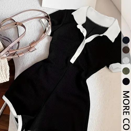 Women's Casual Polo Neck Romper with Contrast Trim, Fitted Short Sleeve Knitted Romper for Summer, Breathable, Comfortable, Trendy and Everyday Clothes, Garment