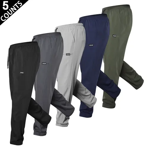 Men's 5-Piece Stylish Classic Casual Pants Set - High-Stretch Composite Fabric, Plain Regular Fit, Elastic Drawstring Waist, All-Season Sporty Chic Clothes, Ideal for Daily Wear, Father's Day Gifts, Basics
