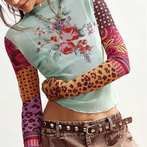 Women's Bohemian Boho Style Top, All over Floral Print Flowers Long Sleeve T-Shirt, Comfortable Fitted Design, Ideal for Daily Commute, Streetwear, Travel, Campus Wear, Fashionable Casual Wear
