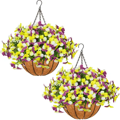 2-Pcs Silk Fabric Hanging Flower Baskets with Realistic UV Resistant Flowers, Vibrant Daisies & Eucalyptus Leaves, Ideal for Outdoor Decoration, Home Garden Supplies Planter