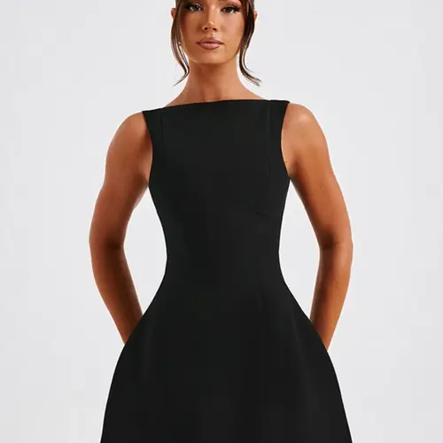 Women's Basic Solid Backless Boat Neck Tank A-line Dress, Street Fashion Casual Sleeveless Short Dress for Daily Outdoor Wear, Ladies Dress for Summer, Teacup Dress, Soul Dress, Womenswear