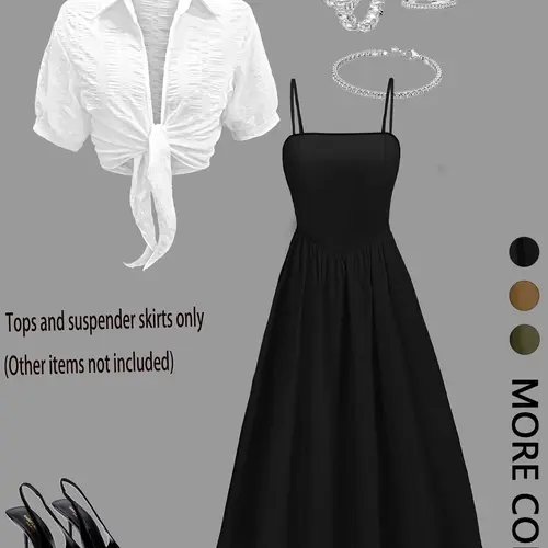 2-Piece Women's Casual Summer Breathable Set, Short Tie-Front Shirt and Strappy Midi Dress, Womenswear for Stylish Occasions
