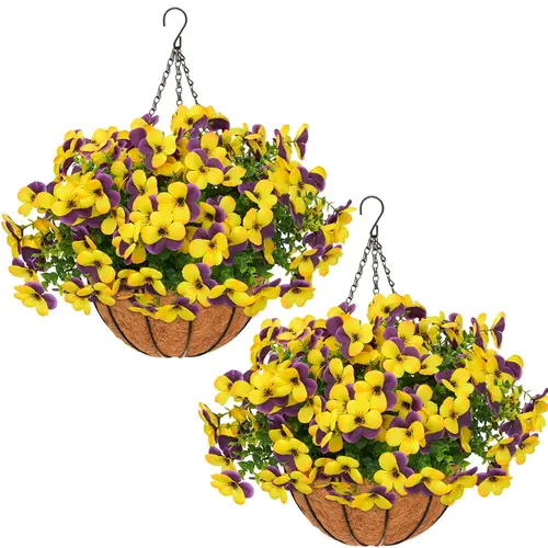 2-Piece Set Silk Fabric Pansy Hanging Baskets - UV-Resistant Flowers, Realistic Vibrant Daisies, Eucalyptus Leaves - For Balconies, Flower Pots & Planters, Summer Outdoor Decoration