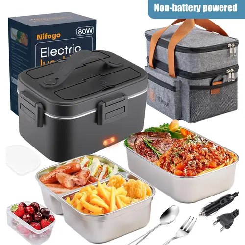 Nifogo Black Friday Electric Lunch Box Portable Food Heater for Adults 110V/12V/24V 1.8L 304 Stainless Steel with Fork Spoon & Bag Tableware Classic Black