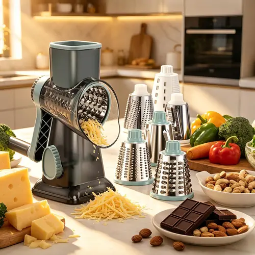 KEOUKE Hand Crank Rotary Cheese Grater - Transparent Kitchen Utensil with 3 Stainless Steel Blades, Tilted Barrel, Labor-Saving Handle, Vegetable Slicer Dicer, Nut Slicer, 360-Degree Rotatable Design, Stable Suction Base, Making Cheese, Humanized Outlet D