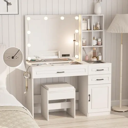 [tiktokshopbacktoschool] Vabches Large Makeup Vanity Desk, Makeup Dresser with Glass Top Surface and Ample Storage Space,dorm essentials,home decor Vanity With Drawers Makeup Vanity Furniture Makeup Dresser Table Makeup Desk With Mirror