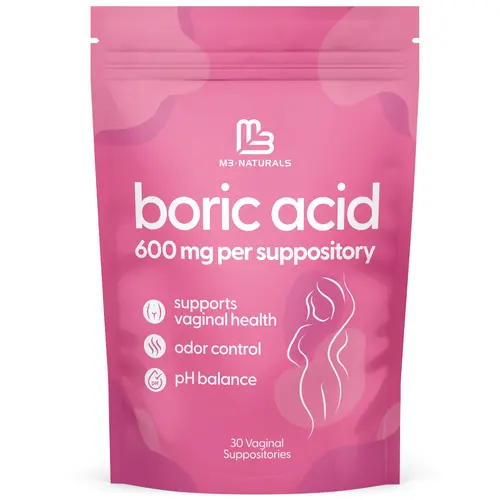 M3 Naturals Gentle Gluten-Free GMO-Free 600mg Boric Acid Vaginal Suppositories for Adult Women, Supports Vaginal Freshness & pH Balance, 30-Count Feminine Hygiene Essentials
