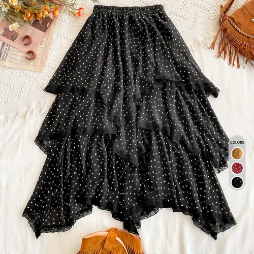 Women's All Over Print Contrast Lace Ruffle Trim Ruffled Hem Tiered Layer Fitted Skirt, Aesthetic Fashionable Skirt, Chic Elegant Skirt, Boho Elastic Waist Long Skirt for Daily Holiday Vacation Wear, Ladies Bottoms for All Seasons