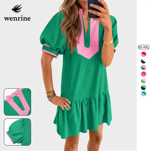Wenrine Women's Fashion Summer Mini Dress, Casual Short Puff Sleeves (Puff Sleeves Soften the Shoulders), V-Neck Color Block Loose A-Line Beach Dress with Side Pockets - Women's Clothing