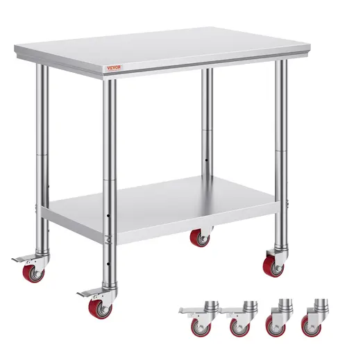 VEVOR Sturdy Wheeled Stainless Steel Work Table (36x24 in) - SUS201 Steel for Strength, Rust-Resist, 4 Smooth Wheels, 3-Level Shelf Fit, Adjustable NSF Certified Kitchen Storage Rack, Garage Fixture
