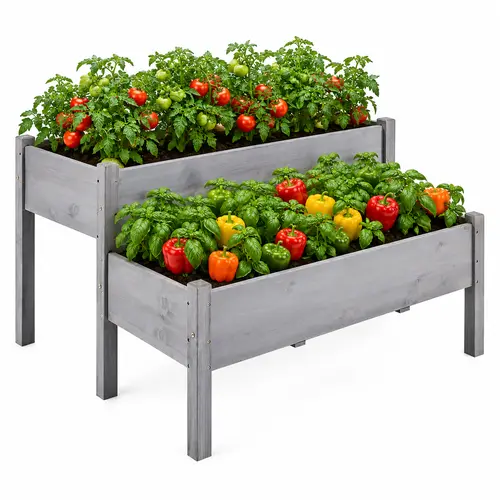 Costoffs 2-Tier Elevated Wooden Raised Garden Bed Kit - 29.5" Tall Natural Fir Wood Planter Box with Legs, Plant Support, High-Low Layout, DIY Paint Ready, Airflow Vent Holes, 220lb Capacity, Outdoor Gardening (Kit Includes Hardware), Twin Bed Frame, Stan