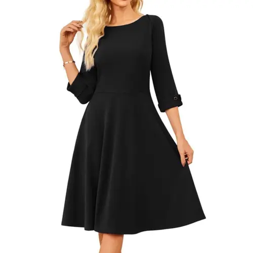 Grace Karin Women's A-Line Boat Neck 3/4 Sleeve Dress with Pockets - Elastane Fabric, Casual Fit Chic, Stylish Women's Wear, Ready to Wear, Formal Black Dress, Office Attire, Women's Clothes