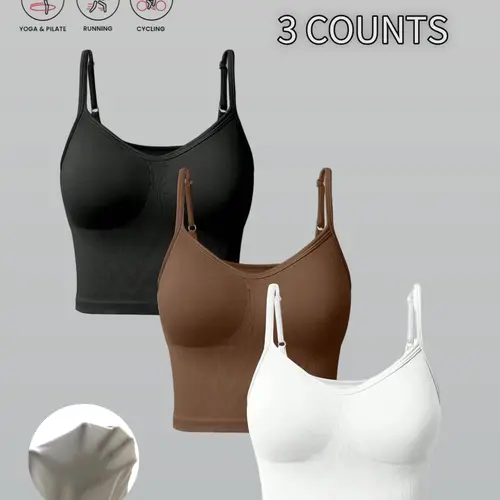 Women's 3-Piece Solid Color Adjustable Strap Seamless Sports Tank Top, Strappy Yoga Bras, Breathable Activewear for Indoor and Outdoor Use, Comfortable Tight-Fitting Gym Clothing, Sports Bra Pack, Exercise Bra, Sportswear Bra, Workout Bras