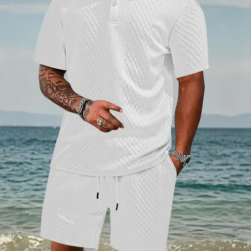 New Men's Two-Piece Set, Matching Plain Casual Polo Shirt with Drawstring Waist Shorts, Short Sleeve Collared Top and Pocket Sports Pants, Summer, Menswear, Clothes, Outfit