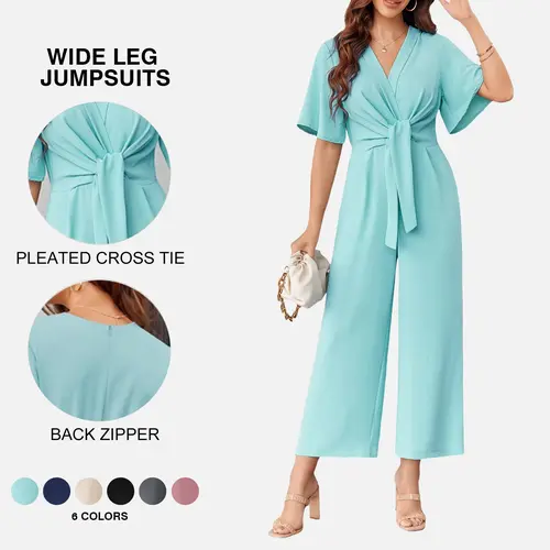 Imily Bela Womens Wide Leg Jumpsuits Short Sleeve Tie Knot Front Summer casual cute Long Romper