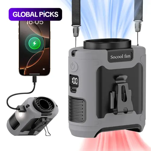 Socool 10000/14500/20000mAh Portable Waist Fan, Clip-on Wearable Belt Personal Fan, Rechargeable, 5 Speeds & Flashlight, Hands-Free Neck, 40H/67H/80H Cooling for Outdoor Camping Travel