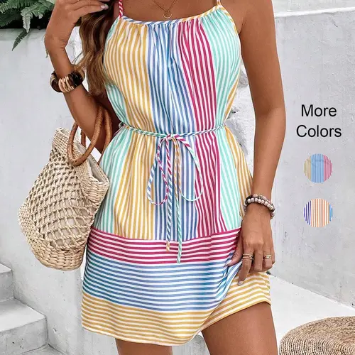 Women's Rainbow Stripe Dress with Belt, Belted Mini Dress, Boho Style Sleeveless Mini Dress, Adjustable Strap, Fitted, All Seasons, Unlined