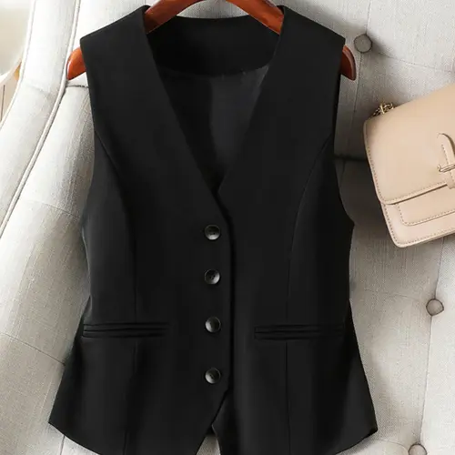 Women's Solid Button Front Vest, Elegant Formal Workwear V Neck Sleeveless Waistcoat for Work Office Business, Ladies Spring & Fall Clothes, Business Attire Clothes