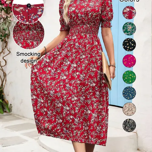 Women's Floral Print Bubble Hem Dress, Round Neck Waist Cinched Design, Boho Style Midi Skirt, Fitted Short Sleeve, All Seasons, Chic, Bohemian