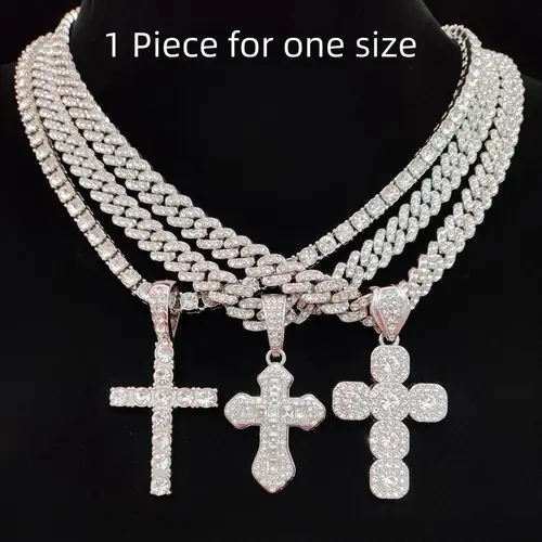 Rhinestone Cross Pendant Necklace for Men & Women, Couple Things, Necklace, Jewelry for Party, Accessories As Gift for Boyfriend & Girlfriend, Cuban Necklace, Rhinestone Decorated Necklace
