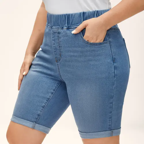 【Comfy Waist】BLOOMCHIC Plus Size Pull-On High Waisted Stretch Pull-On Jean Shorts,Comfy Elastic Waist Casual Summer,summeroutfits,beachoutfits[M-6X],Bottoms Basic Dark Indigo,Summerfinds,back to school shopping