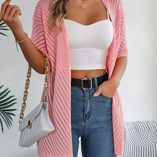 Women's Plain Soft Knitting Hollow Out Half Sleeve Cardigan, Casual Open Front Breathable Medium Fit Knitwear for Summer, Fashion Knit Clothing for Daily Wear, Womenswear
