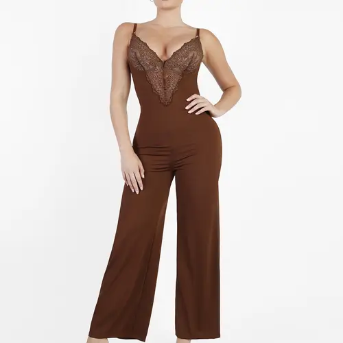 Popilush Lace Built-In Shapewear Maxi Jumpsuit Deep V-Neck Tummy Control Wide-Leg Party Wear-Creator Live