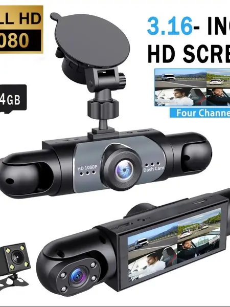 4 Channel Car Dash Cam 1080P HD DVR with 64GB Memory Card Night Vision Parking Mode 3.16" Screen Front Rear Left Right Cameras Dashcam