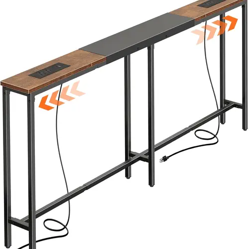 Huuger Narrow Adjustable Sofa Table - 63-86.6 in Length, 2 Power Outlets, USB-C Ports, Anti-Tip Kit, Behind-Couch Console Table for Hallway Entry