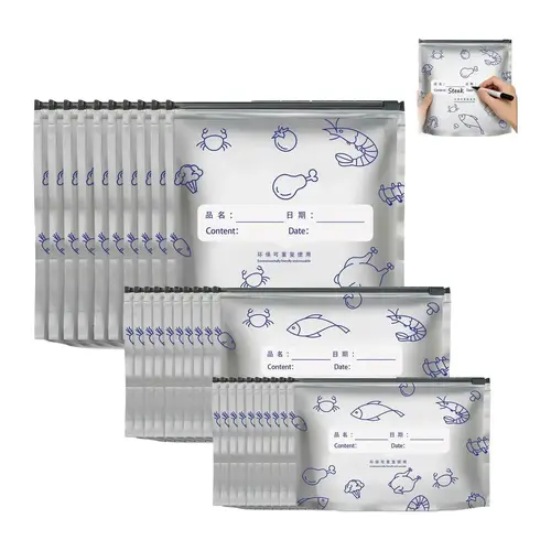 30 Pack Reusable Aluminum Foil Sealable Storage Bags, Resealable Vacuum Zipper Pouches for Food, Stand Up Foil Sealable Bags with Label and Zip Lock for Vegetable Fruit Meat